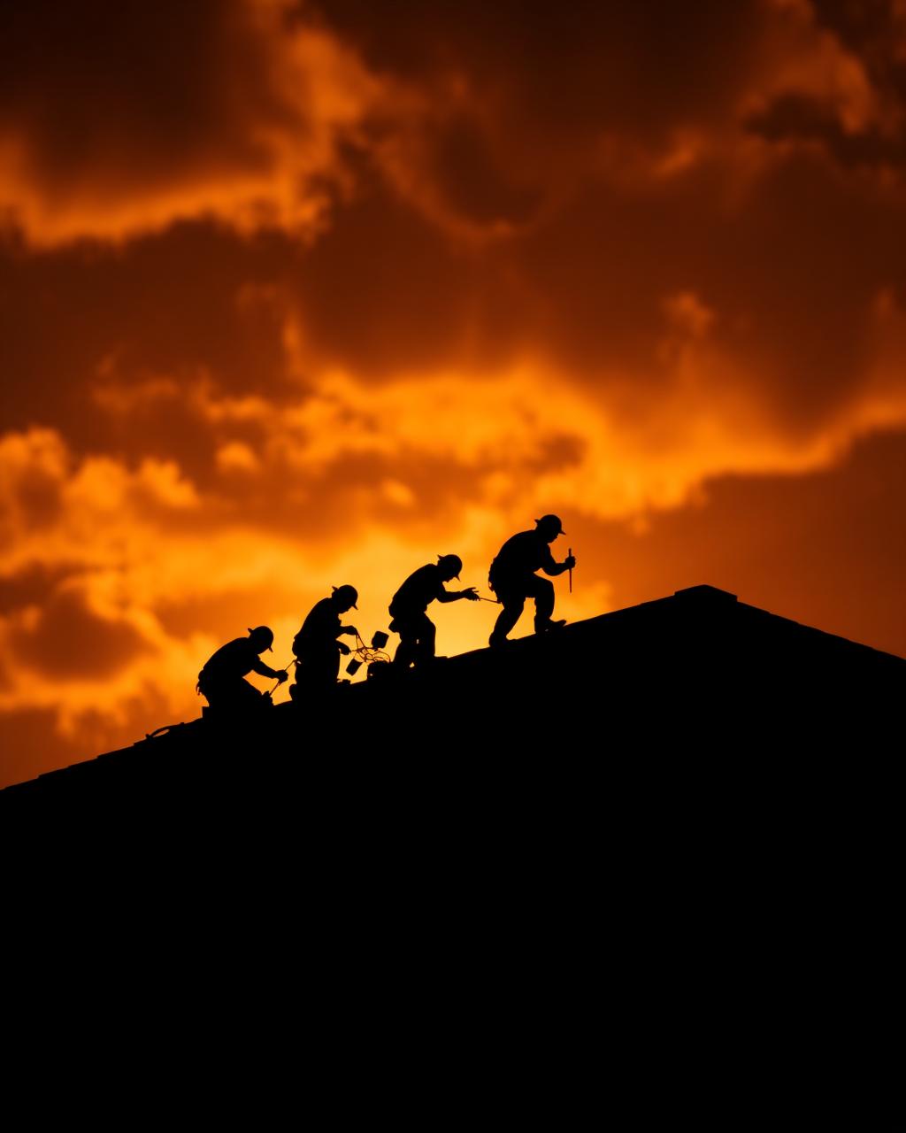 Roofing crew finishing a ridge at sunset
